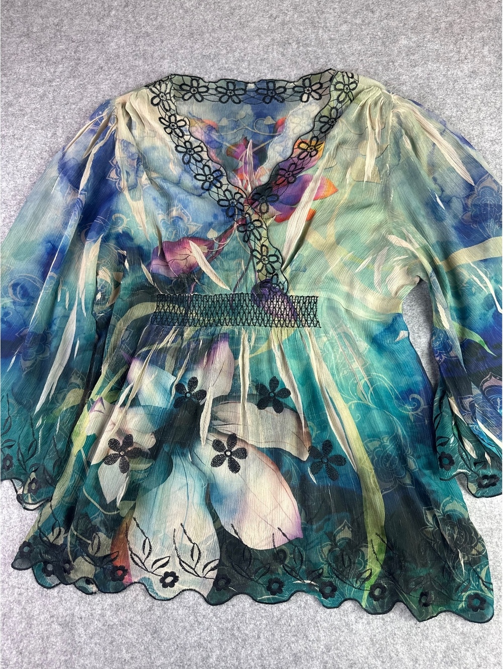 Boho Sheer Floral Embroidered Tunic Y2K Artsy Painterly Print Scalloped Hem